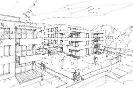 Zeichnung einer Wohnbebauung in Nußdorf am Attersee in Oberösterreich geplant von Architekt Stummer 