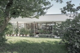 Das Wohnhaus Madlmayr von außen eingebettet in einen Obstgarten in Ottensheim 