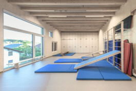 Bewegungsraum von einem Kindergarten mit großzügigen Fensteröffnungen und Turngeräten 