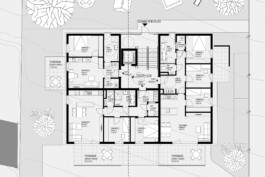 Grundriss von einem Mehrfamilienhaus mit Ein-, Zwei- und Drei-Zimmer-Wohnungen 