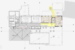 Plan mit Grundriss von Innenräumen von einer Volksschule 