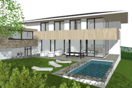 Visualisierung von einem Einfamilienhaus mit Garten und Swimmingpool 