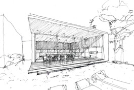 Skizze von einem Gartenpavillon mit Möblierung 