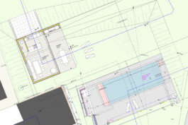 Grundriss von einem Gartenpavillon mit Pool daneben 
